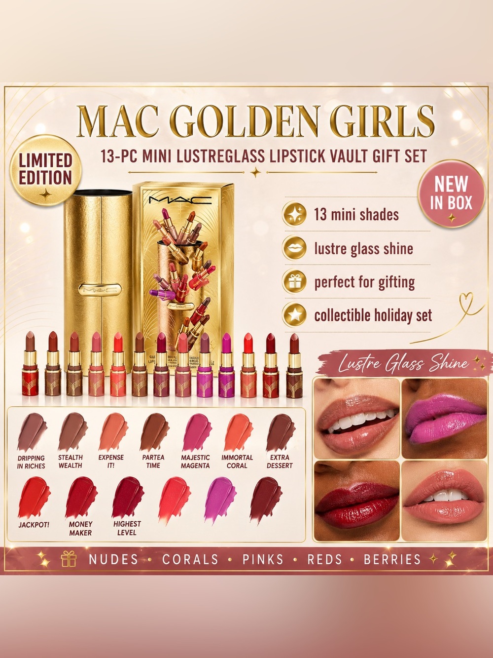 Limited edition MAC 13-Pc. Golden Girls Mini Lustreglass Lipstick Vault Gift Set